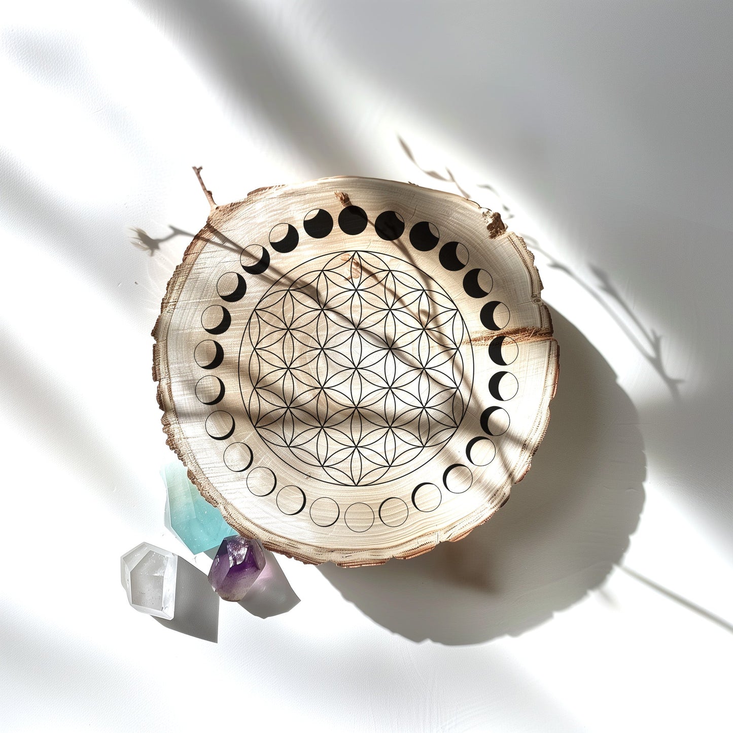 This image features a wooden crystal grid adorned with a "Flower of Life" design in the center, surrounded by the phases of the moon engraved around the perimeter. The Flower of Life symbolizes creation, interconnectedness, and unity, while the moon phases represent cycles, transformation, and growth. The wood slice used for the grid adds a natural, grounding energy.

Three crystals accompany the grid: clear quartz (known for amplifying energy and intentions), an amethyst (associated with spiritual clarity 